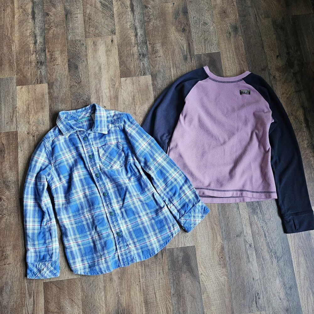 L.L.Bean Girls Size 10-12 M Plaid Flannel Shirt & Fleece Pullover Lot...